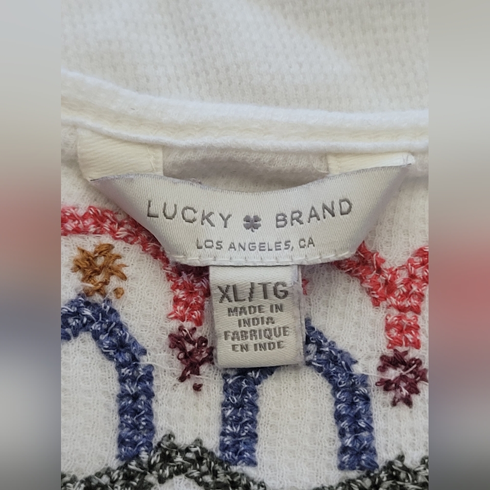 Lucky Brand XL White Waffle Knit Thermal Henley Embroidered Boho Cotton Top - Picture 7 of 7